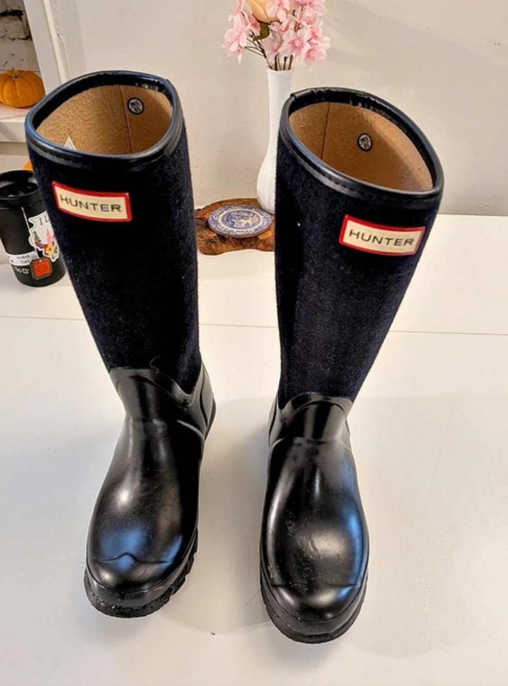 Hunter Plaid Wool and Rubber Rain Tall Boots Black